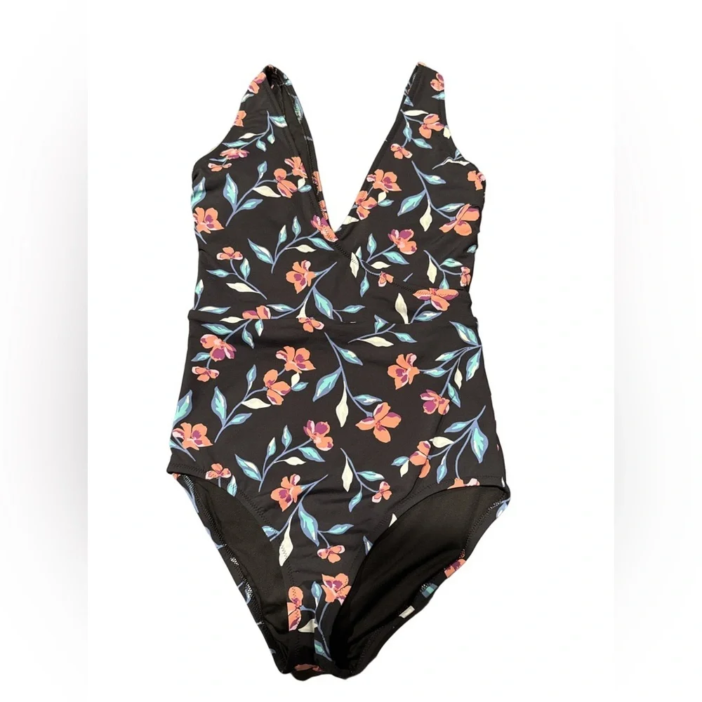 NEW Lands' End Black Floral One Piece Swimsuit
